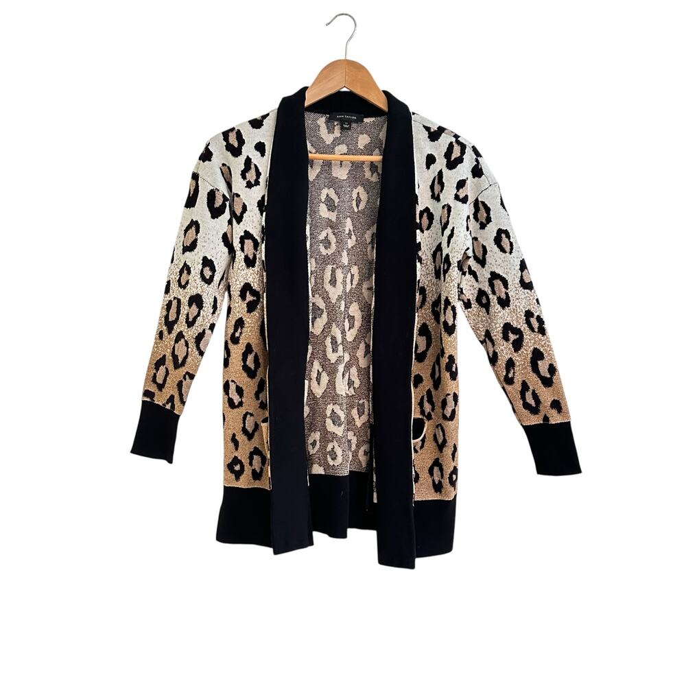 Ann Taylor Leopard Print Open Front Cardigan XS Pockets Preppy Animal Print